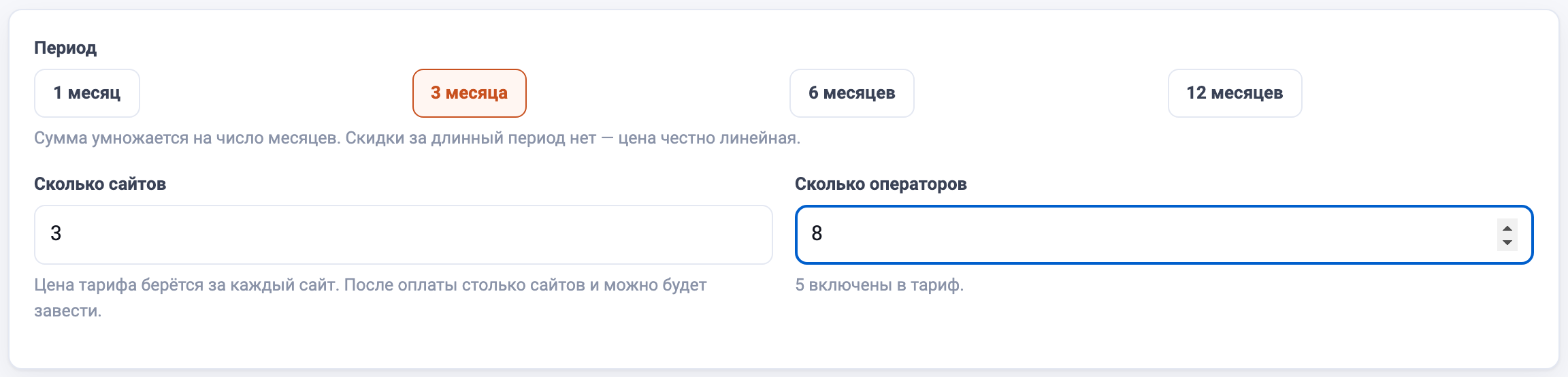 Период оплаты, число сайтов и операторов